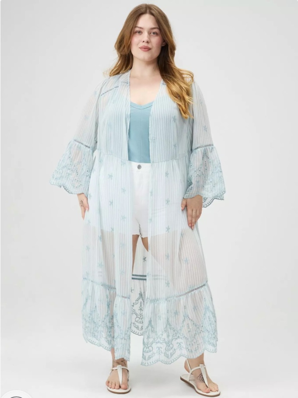 Torrid Embroidered Eyelet Maxi Kimono 5/5X Blue Floral Faircore Boho Peasant